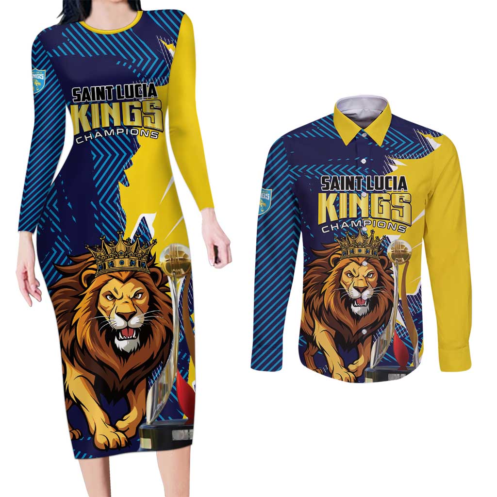 Custom Kings Saint Lucia Champions Cricket Couples Matching Long Sleeve Bodycon Dress and Long Sleeve Button Shirt St Lucia Glory Awaits - Wonder Print Shop