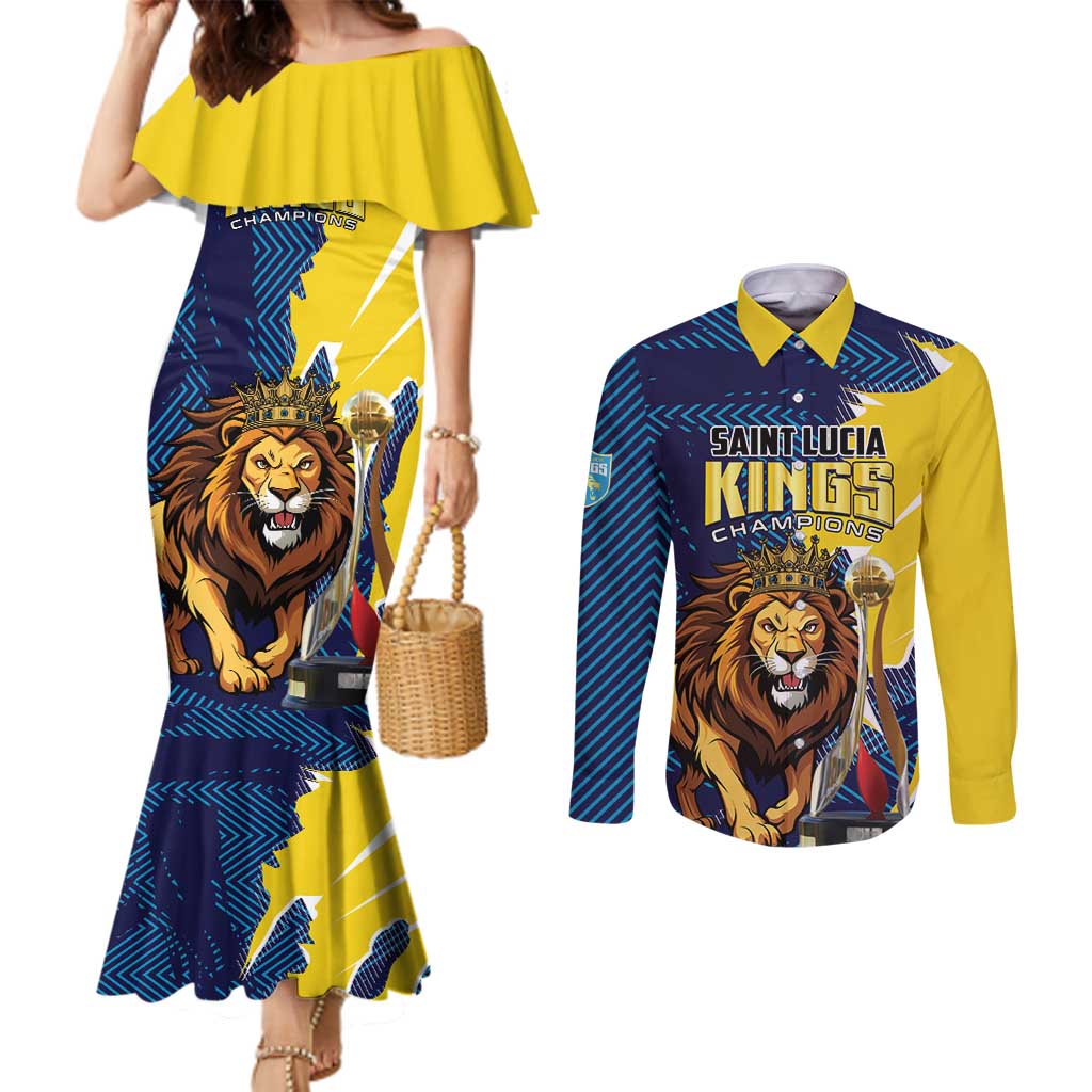 Custom Kings Saint Lucia Champions Cricket Couples Matching Mermaid Dress and Long Sleeve Button Shirt St Lucia Glory Awaits - Wonder Print Shop
