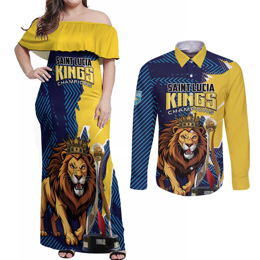 Custom Kings Saint Lucia Champions Cricket Couples Matching Off Shoulder Maxi Dress and Long Sleeve Button Shirt St Lucia Glory Awaits - Wonder Print Shop
