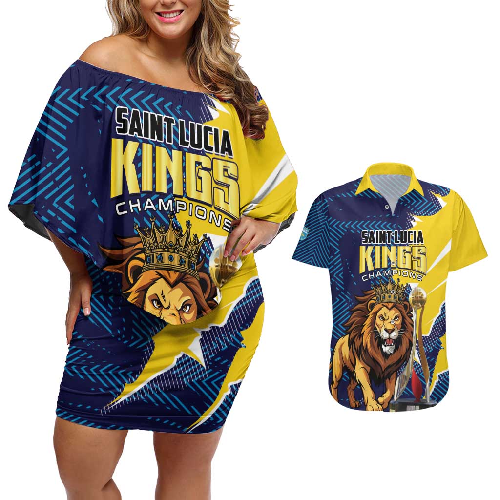 Custom Kings Saint Lucia Champions Cricket Couples Matching Off Shoulder Short Dress and Hawaiian Shirt St Lucia Glory Awaits - Wonder Print Shop