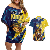 Custom Kings Saint Lucia Champions Cricket Couples Matching Off Shoulder Short Dress and Hawaiian Shirt St Lucia Glory Awaits - Wonder Print Shop