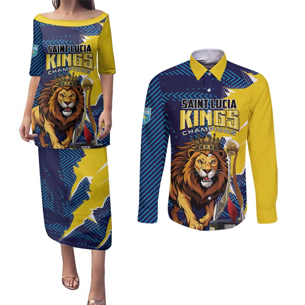 Custom Kings Saint Lucia Champions Cricket Couples Matching Puletasi and Long Sleeve Button Shirt St Lucia Glory Awaits - Wonder Print Shop
