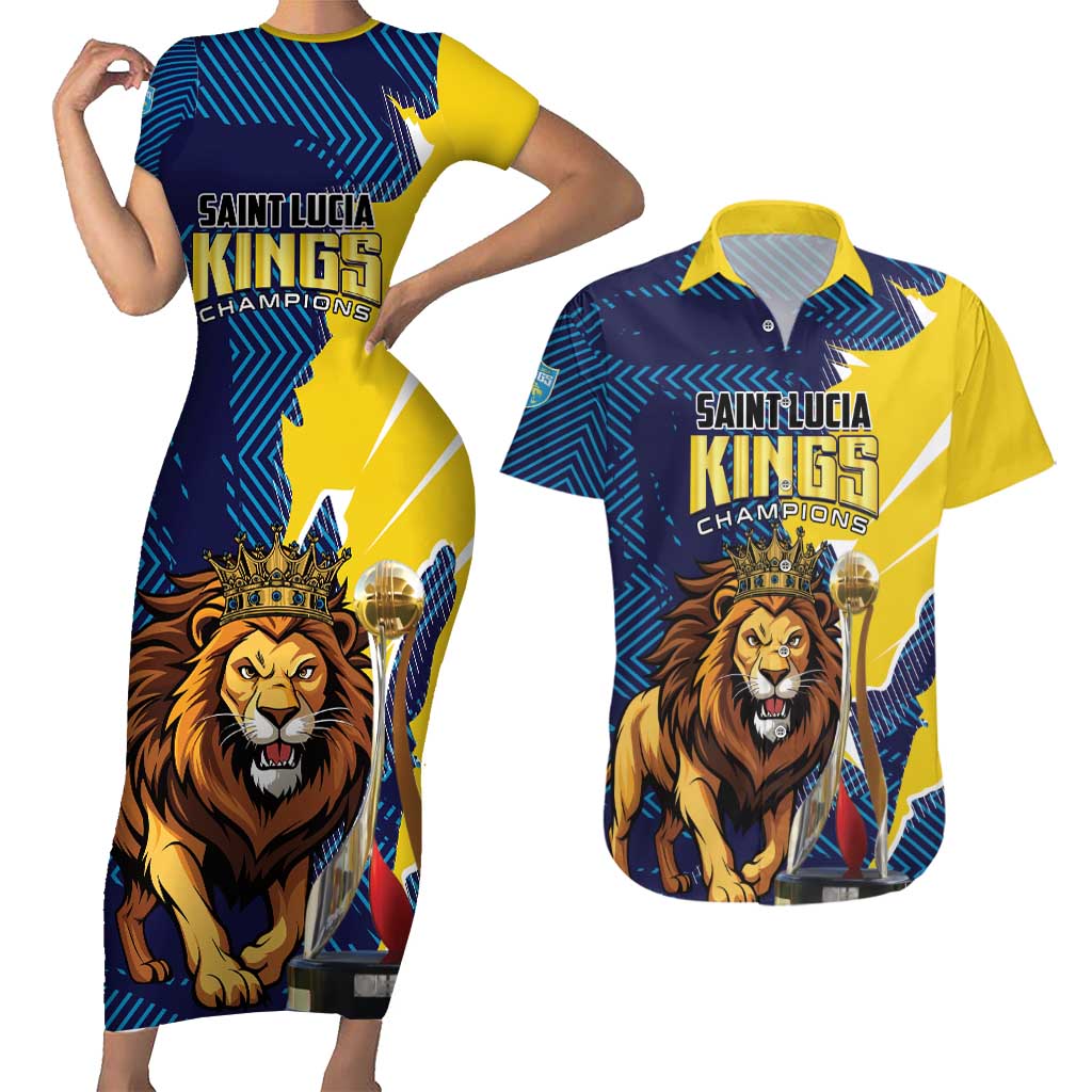 Custom Kings Saint Lucia Champions Cricket Couples Matching Short Sleeve Bodycon Dress and Hawaiian Shirt St Lucia Glory Awaits - Wonder Print Shop