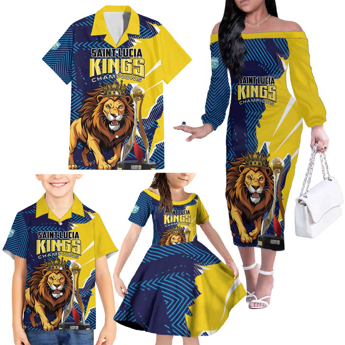 Custom Kings Saint Lucia Champions Cricket Family Matching Off The Shoulder Long Sleeve Dress and Hawaiian Shirt St Lucia Glory Awaits - Wonder Print Shop