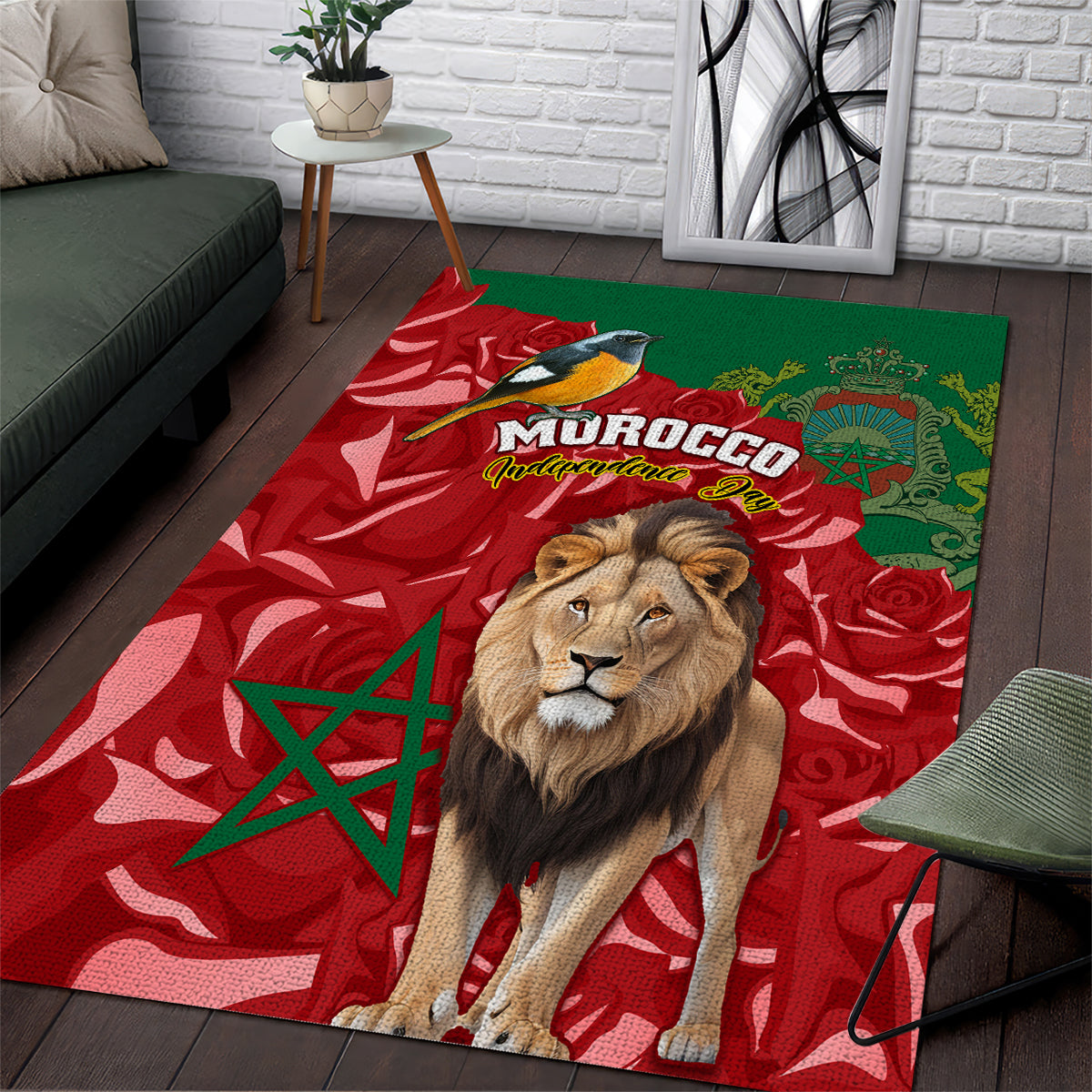 Morocco Independence Day Area Rug Barbary Lion With Moussier Redstart - Wonder Print Shop