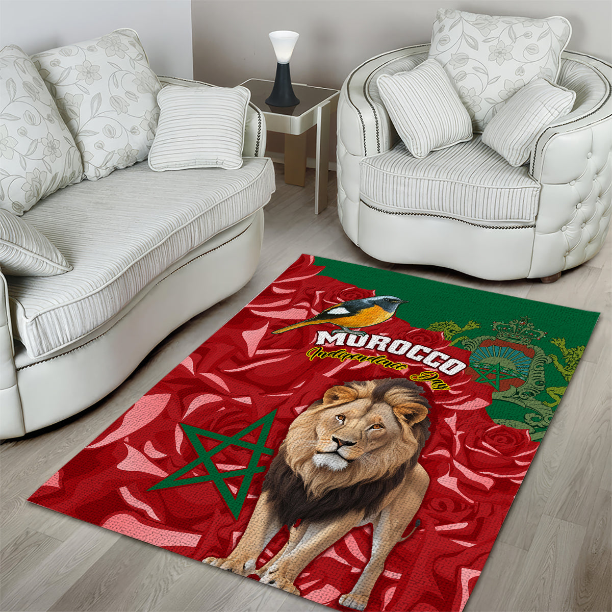 Morocco Independence Day Area Rug Barbary Lion With Moussier Redstart - Wonder Print Shop