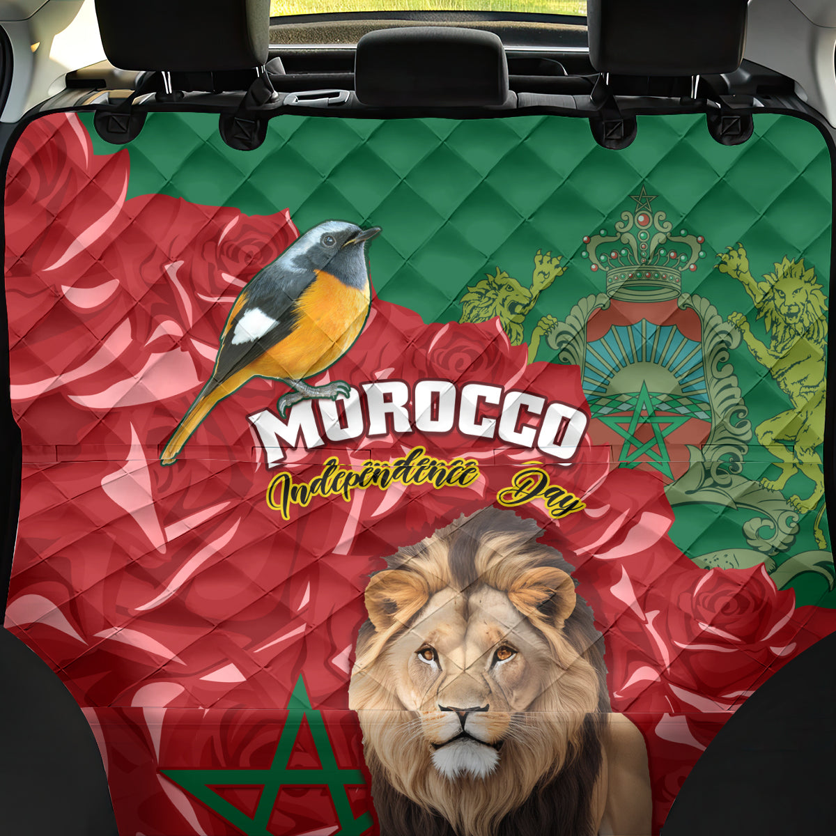 Morocco Independence Day Back Car Seat Cover Barbary Lion With Moussier Redstart - Wonder Print Shop