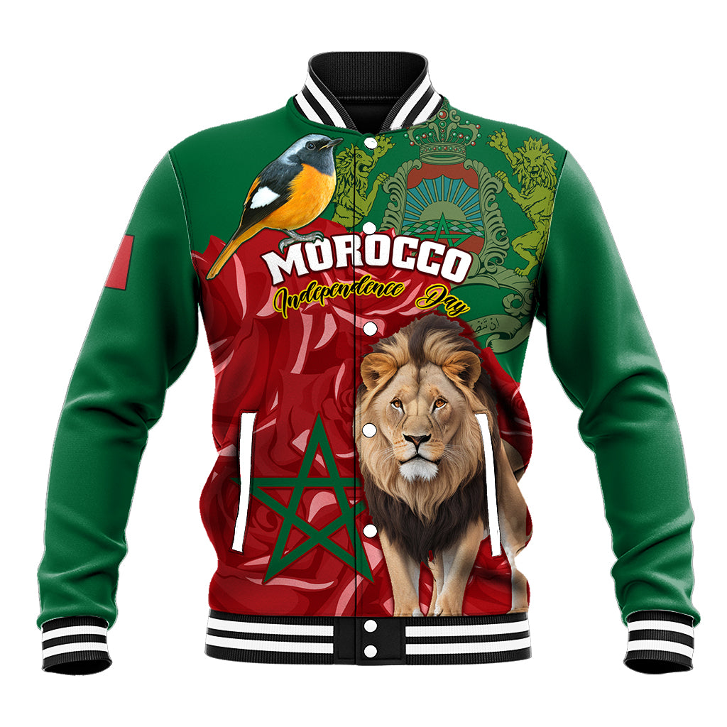 Morocco Independence Day Baseball Jacket Barbary Lion With Moussier Redstart - Wonder Print Shop