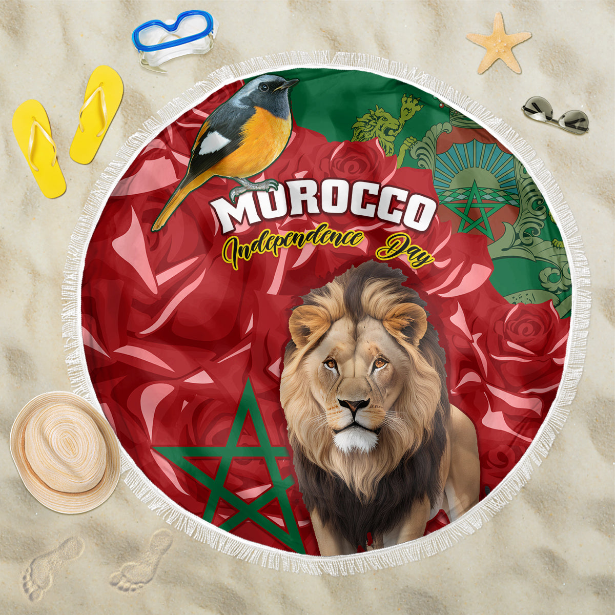 Morocco Independence Day Beach Blanket Barbary Lion With Moussier Redstart - Wonder Print Shop
