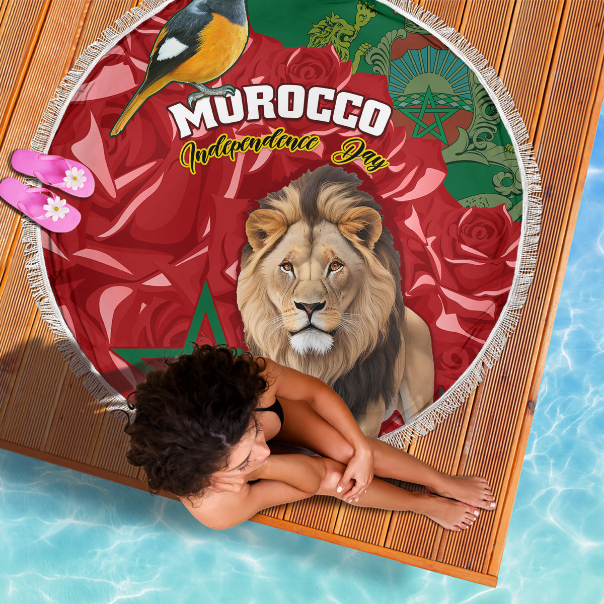 Morocco Independence Day Beach Blanket Barbary Lion With Moussier Redstart - Wonder Print Shop