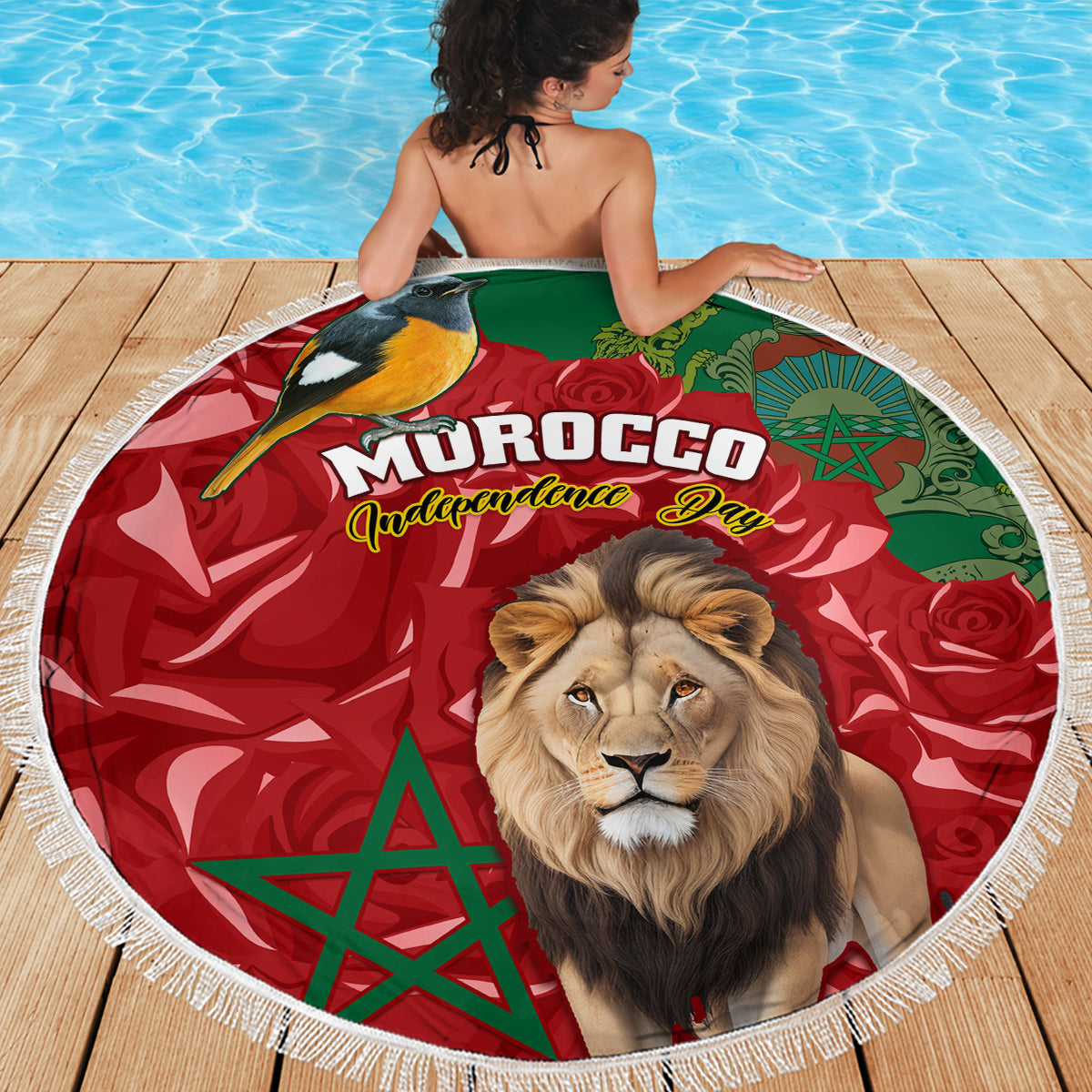 Morocco Independence Day Beach Blanket Barbary Lion With Moussier Redstart - Wonder Print Shop