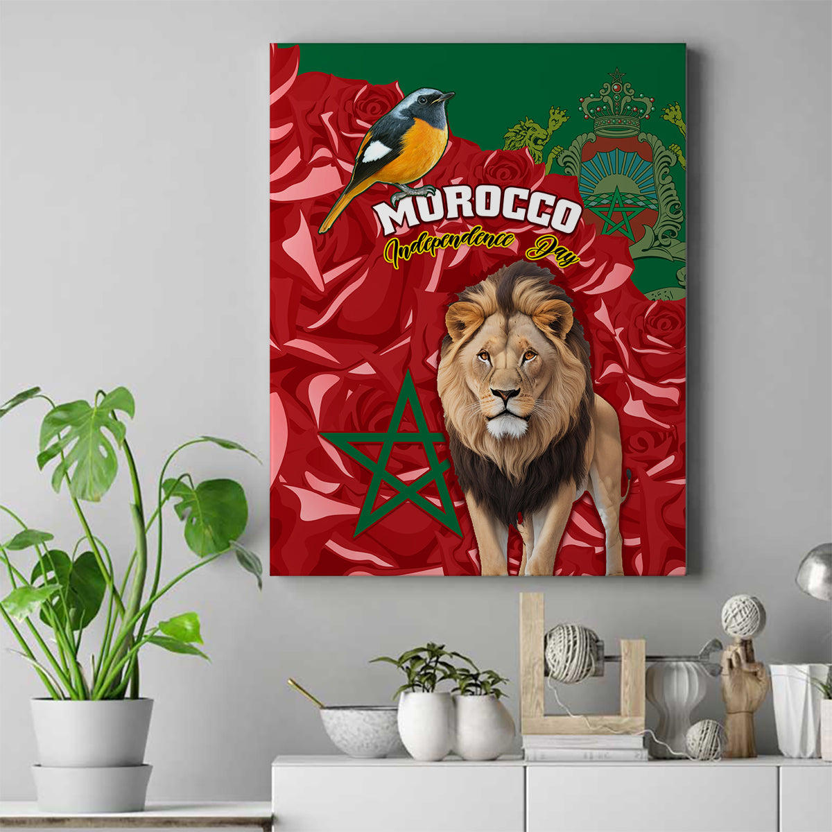 Morocco Independence Day Canvas Wall Art Barbary Lion With Moussier Redstart - Wonder Print Shop