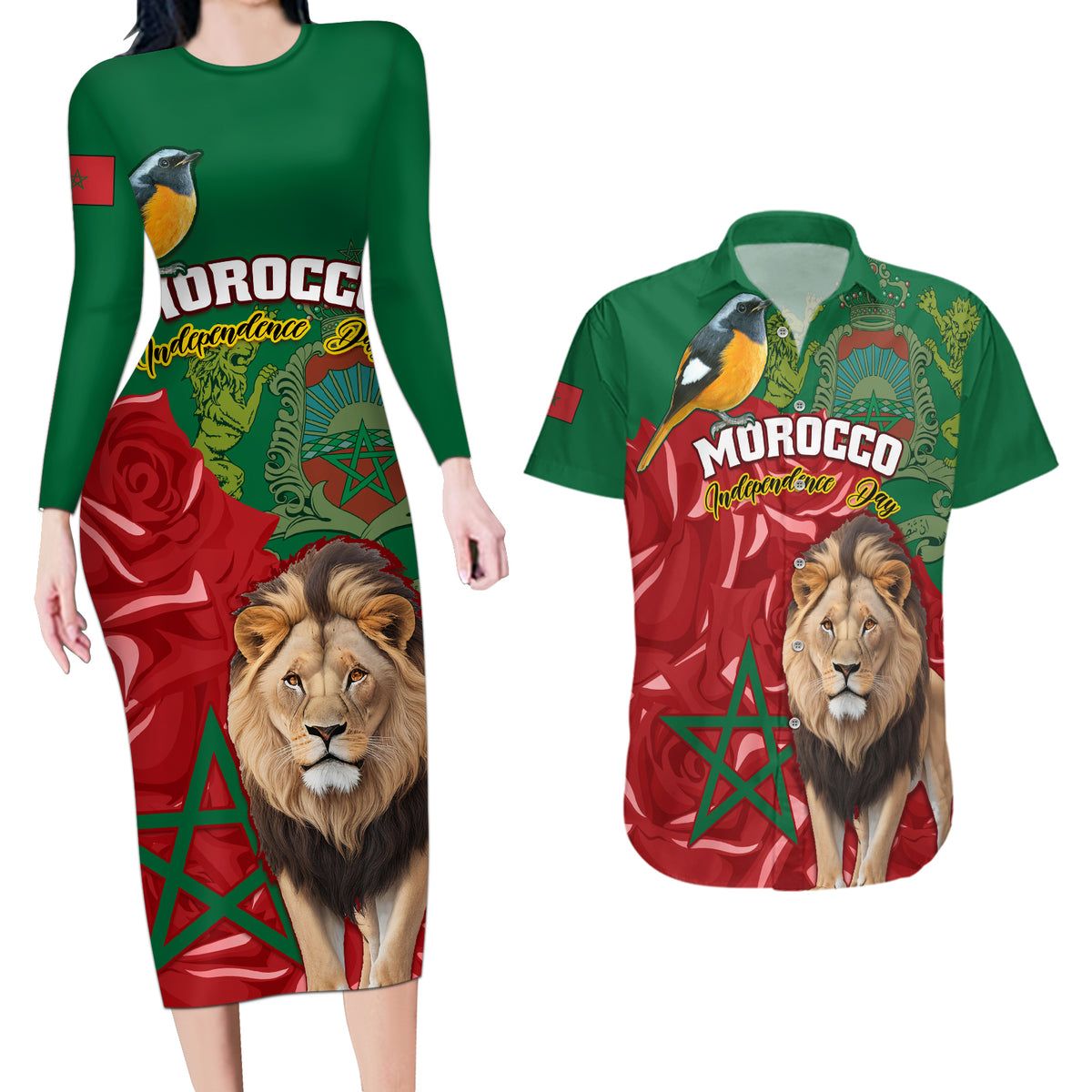 Morocco Independence Day Couples Matching Long Sleeve Bodycon Dress and Hawaiian Shirt Barbary Lion With Moussier Redstart - Wonder Print Shop