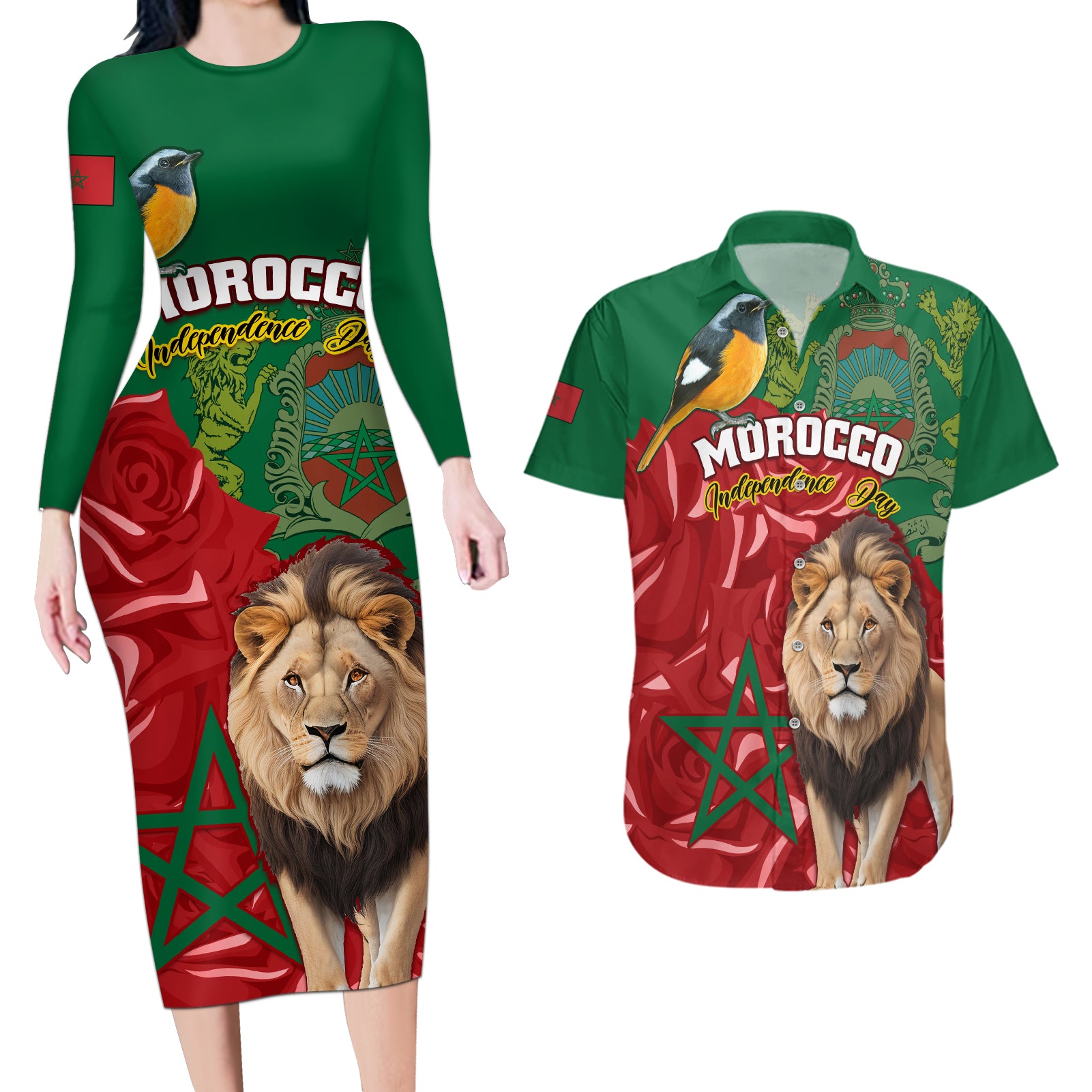 Morocco Independence Day Couples Matching Long Sleeve Bodycon Dress and Hawaiian Shirt Barbary Lion With Moussier Redstart - Wonder Print Shop