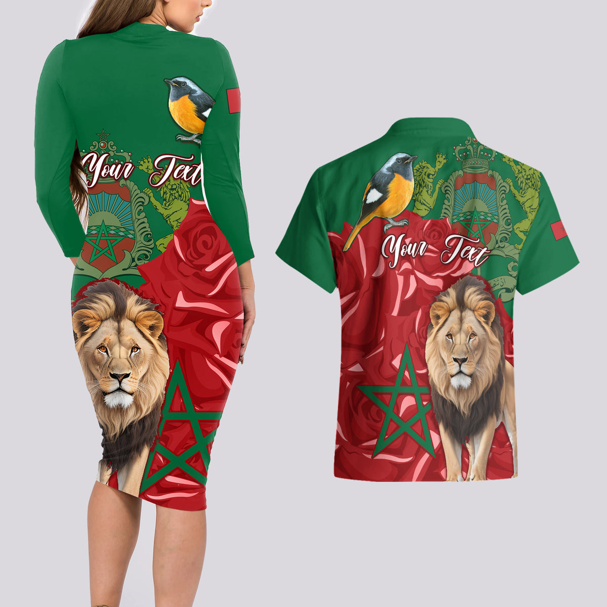 Morocco Independence Day Couples Matching Long Sleeve Bodycon Dress and Hawaiian Shirt Barbary Lion With Moussier Redstart - Wonder Print Shop