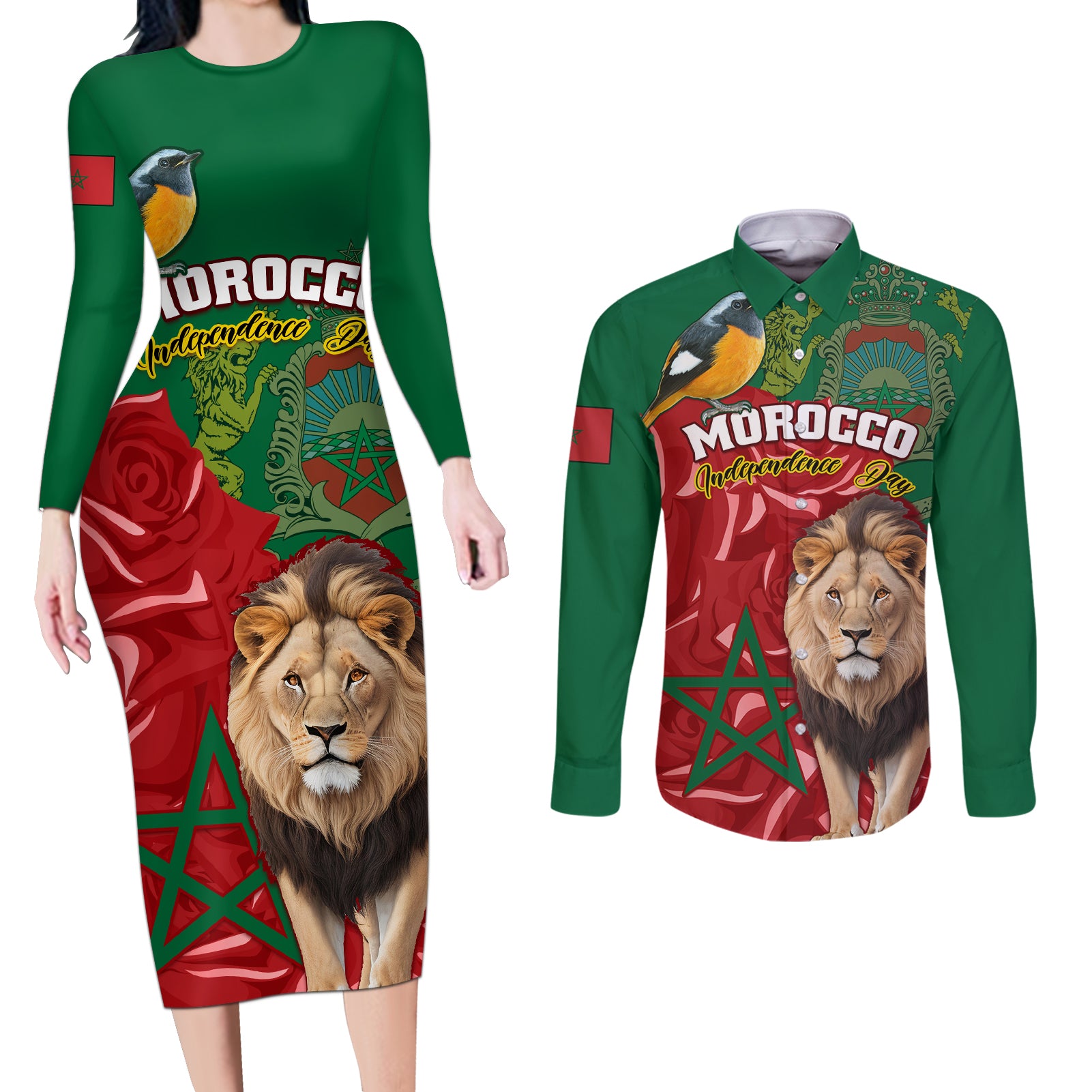 Morocco Independence Day Couples Matching Long Sleeve Bodycon Dress and Long Sleeve Button Shirts Barbary Lion With Moussier Redstart - Wonder Print Shop
