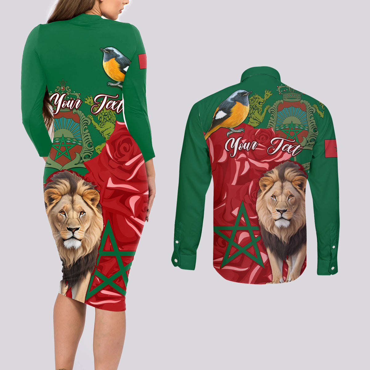 Morocco Independence Day Couples Matching Long Sleeve Bodycon Dress and Long Sleeve Button Shirts Barbary Lion With Moussier Redstart - Wonder Print Shop