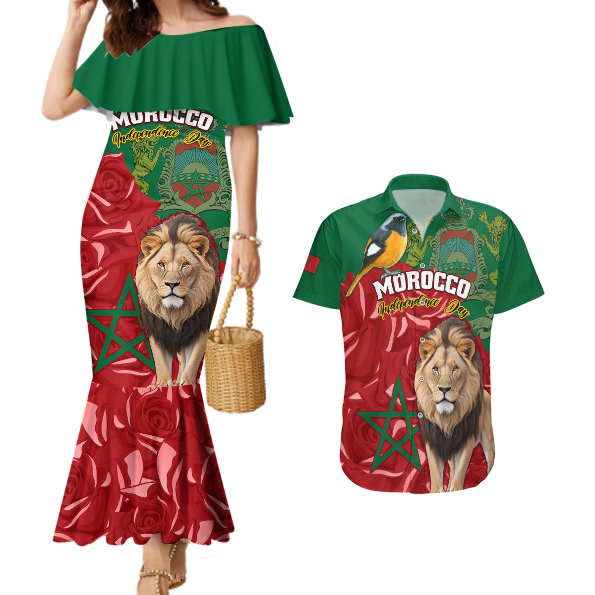Morocco Independence Day Couples Matching Mermaid Dress and Hawaiian Shirt Barbary Lion With Moussier Redstart - Wonder Print Shop