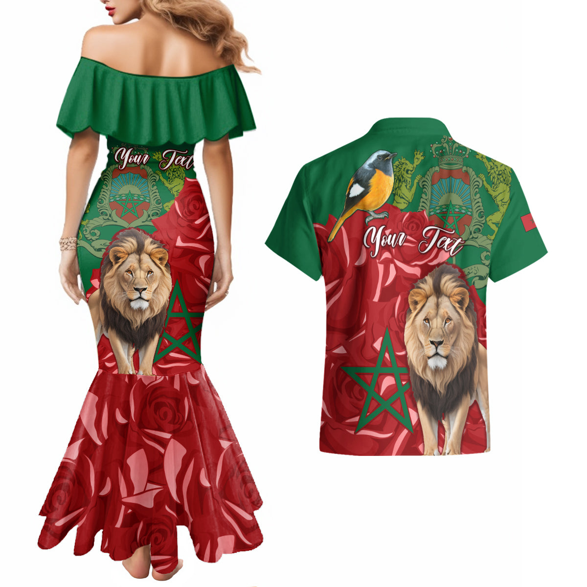 Morocco Independence Day Couples Matching Mermaid Dress and Hawaiian Shirt Barbary Lion With Moussier Redstart - Wonder Print Shop