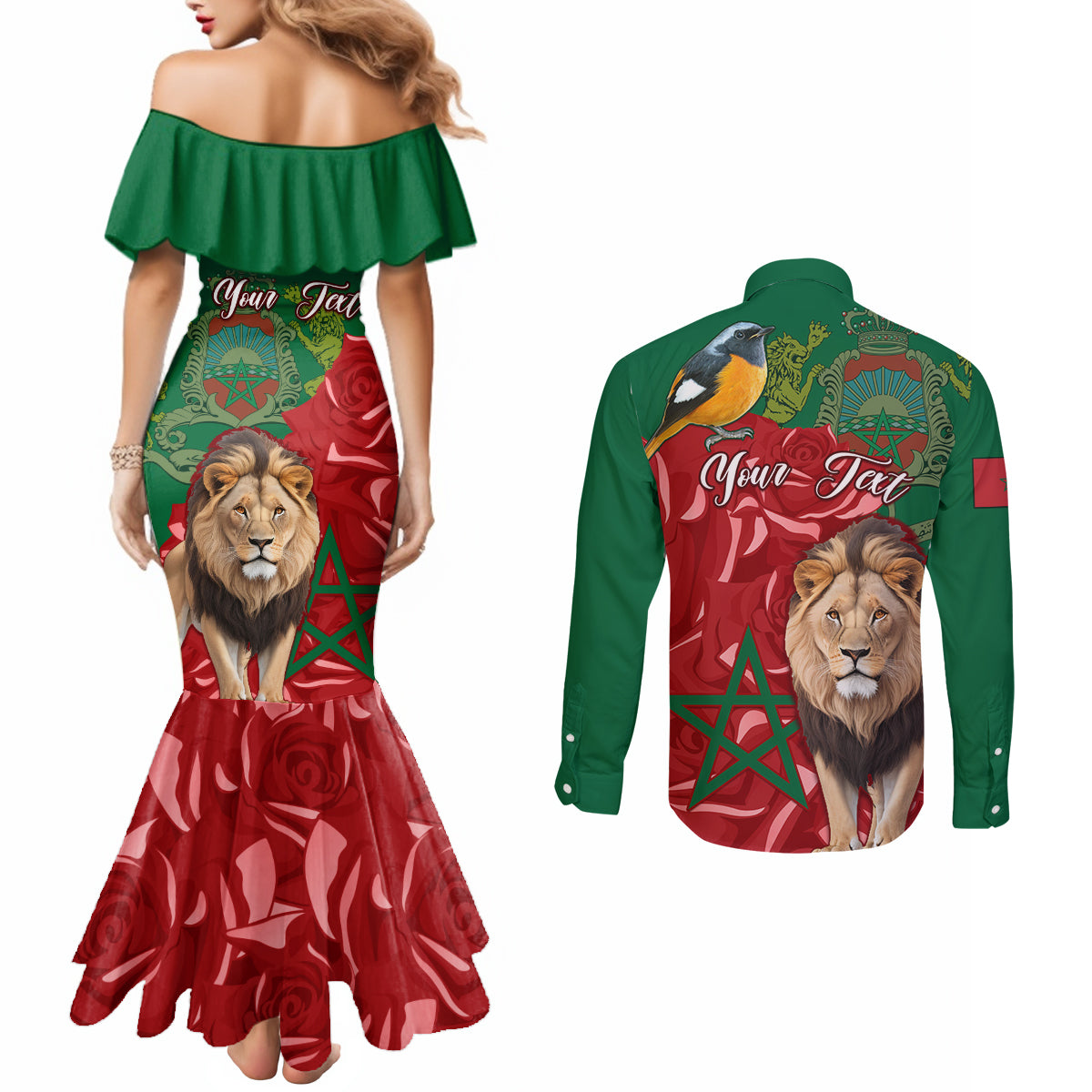 morocco-independence-day-couples-matching-mermaid-dress-and-long-sleeve-button-shirts-barbary-lion-with-moussier-redstart