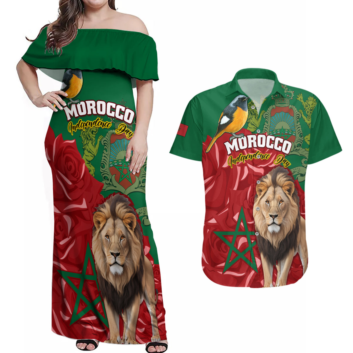 Morocco Independence Day Couples Matching Off Shoulder Maxi Dress and Hawaiian Shirt Barbary Lion With Moussier Redstart - Wonder Print Shop