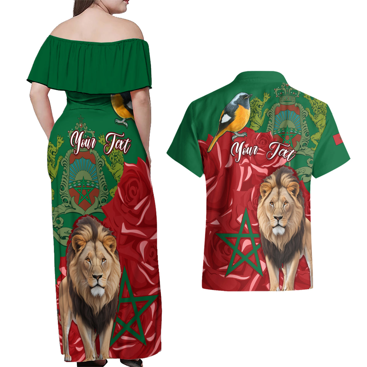 Morocco Independence Day Couples Matching Off Shoulder Maxi Dress and Hawaiian Shirt Barbary Lion With Moussier Redstart - Wonder Print Shop