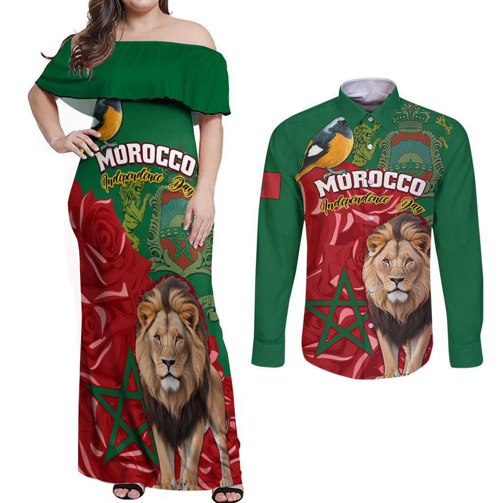 Morocco Independence Day Couples Matching Off Shoulder Maxi Dress and Long Sleeve Button Shirts Barbary Lion With Moussier Redstart - Wonder Print Shop