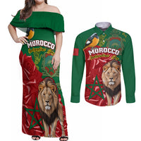 Morocco Independence Day Couples Matching Off Shoulder Maxi Dress and Long Sleeve Button Shirts Barbary Lion With Moussier Redstart - Wonder Print Shop