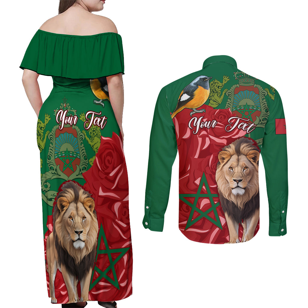 Morocco Independence Day Couples Matching Off Shoulder Maxi Dress and Long Sleeve Button Shirts Barbary Lion With Moussier Redstart - Wonder Print Shop