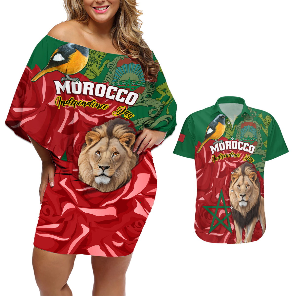 Morocco Independence Day Couples Matching Off Shoulder Short Dress and Hawaiian Shirt Barbary Lion With Moussier Redstart - Wonder Print Shop