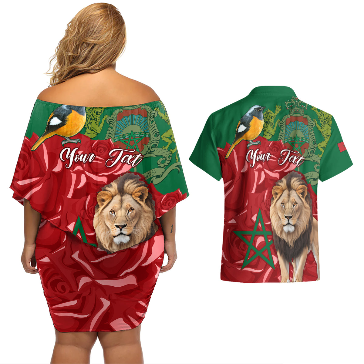 Morocco Independence Day Couples Matching Off Shoulder Short Dress and Hawaiian Shirt Barbary Lion With Moussier Redstart - Wonder Print Shop