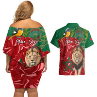 Morocco Independence Day Couples Matching Off Shoulder Short Dress and Hawaiian Shirt Barbary Lion With Moussier Redstart - Wonder Print Shop