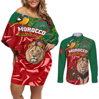 Morocco Independence Day Couples Matching Off Shoulder Short Dress and Long Sleeve Button Shirts Barbary Lion With Moussier Redstart - Wonder Print Shop