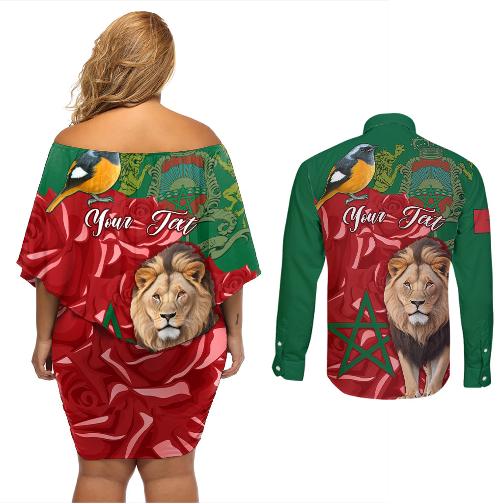 Morocco Independence Day Couples Matching Off Shoulder Short Dress and Long Sleeve Button Shirts Barbary Lion With Moussier Redstart - Wonder Print Shop