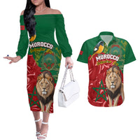Morocco Independence Day Couples Matching Off The Shoulder Long Sleeve Dress and Hawaiian Shirt Barbary Lion With Moussier Redstart - Wonder Print Shop