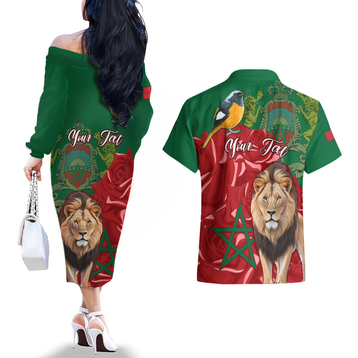 Morocco Independence Day Couples Matching Off The Shoulder Long Sleeve Dress and Hawaiian Shirt Barbary Lion With Moussier Redstart - Wonder Print Shop