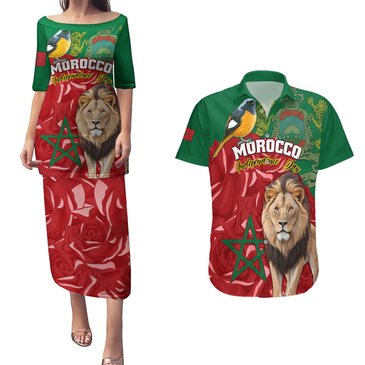 Morocco Independence Day Couples Matching Puletasi Dress and Hawaiian Shirt Barbary Lion With Moussier Redstart - Wonder Print Shop