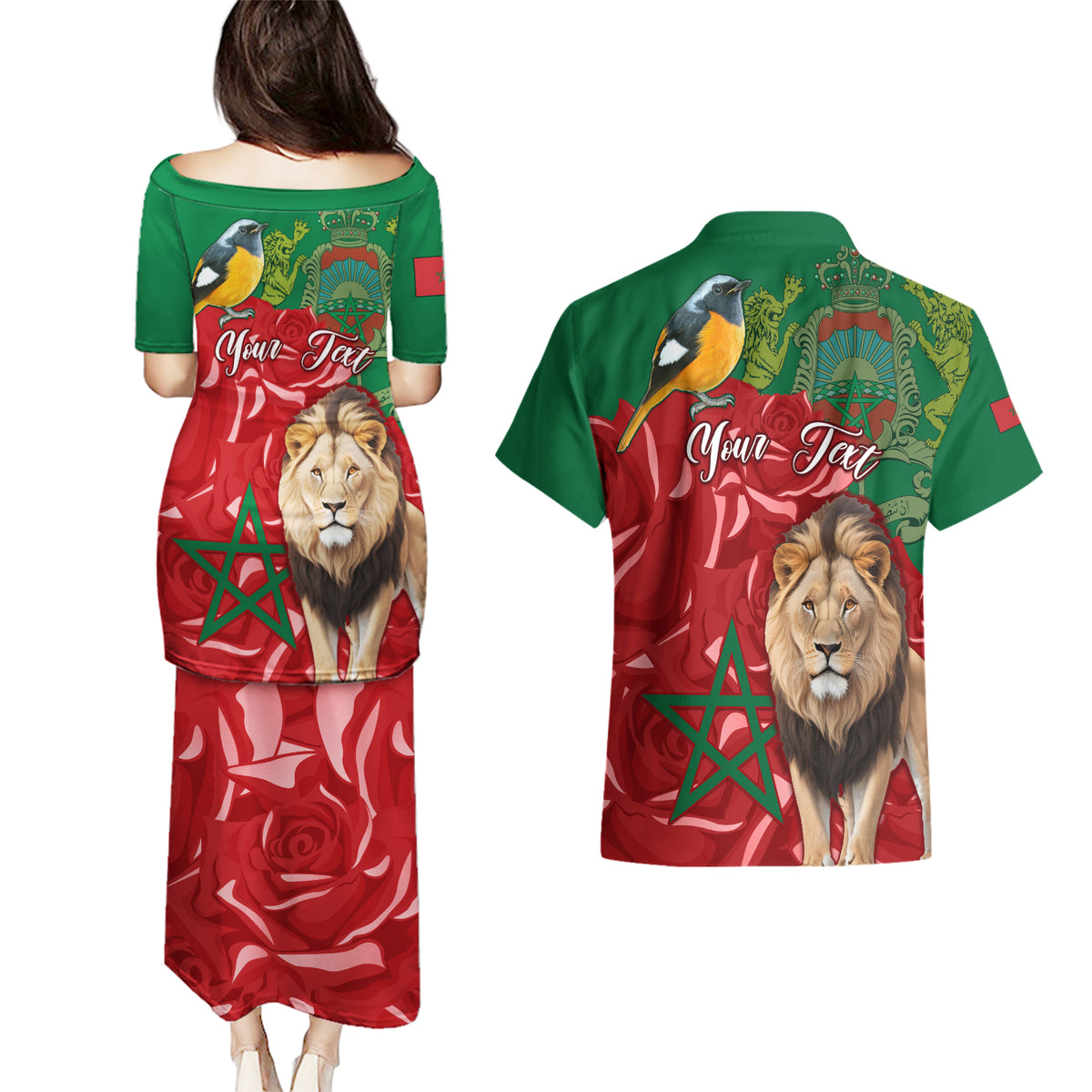 Morocco Independence Day Couples Matching Puletasi Dress and Hawaiian Shirt Barbary Lion With Moussier Redstart - Wonder Print Shop