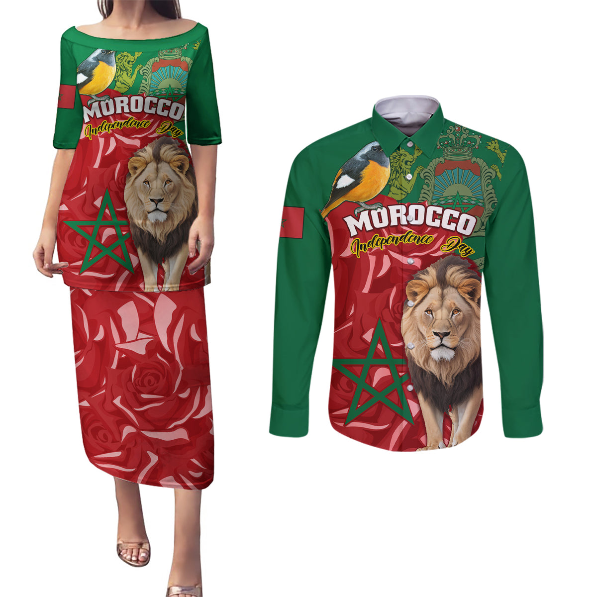 Morocco Independence Day Couples Matching Puletasi Dress and Long Sleeve Button Shirts Barbary Lion With Moussier Redstart - Wonder Print Shop