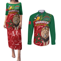 Morocco Independence Day Couples Matching Puletasi Dress and Long Sleeve Button Shirts Barbary Lion With Moussier Redstart - Wonder Print Shop