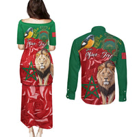 Morocco Independence Day Couples Matching Puletasi Dress and Long Sleeve Button Shirts Barbary Lion With Moussier Redstart - Wonder Print Shop