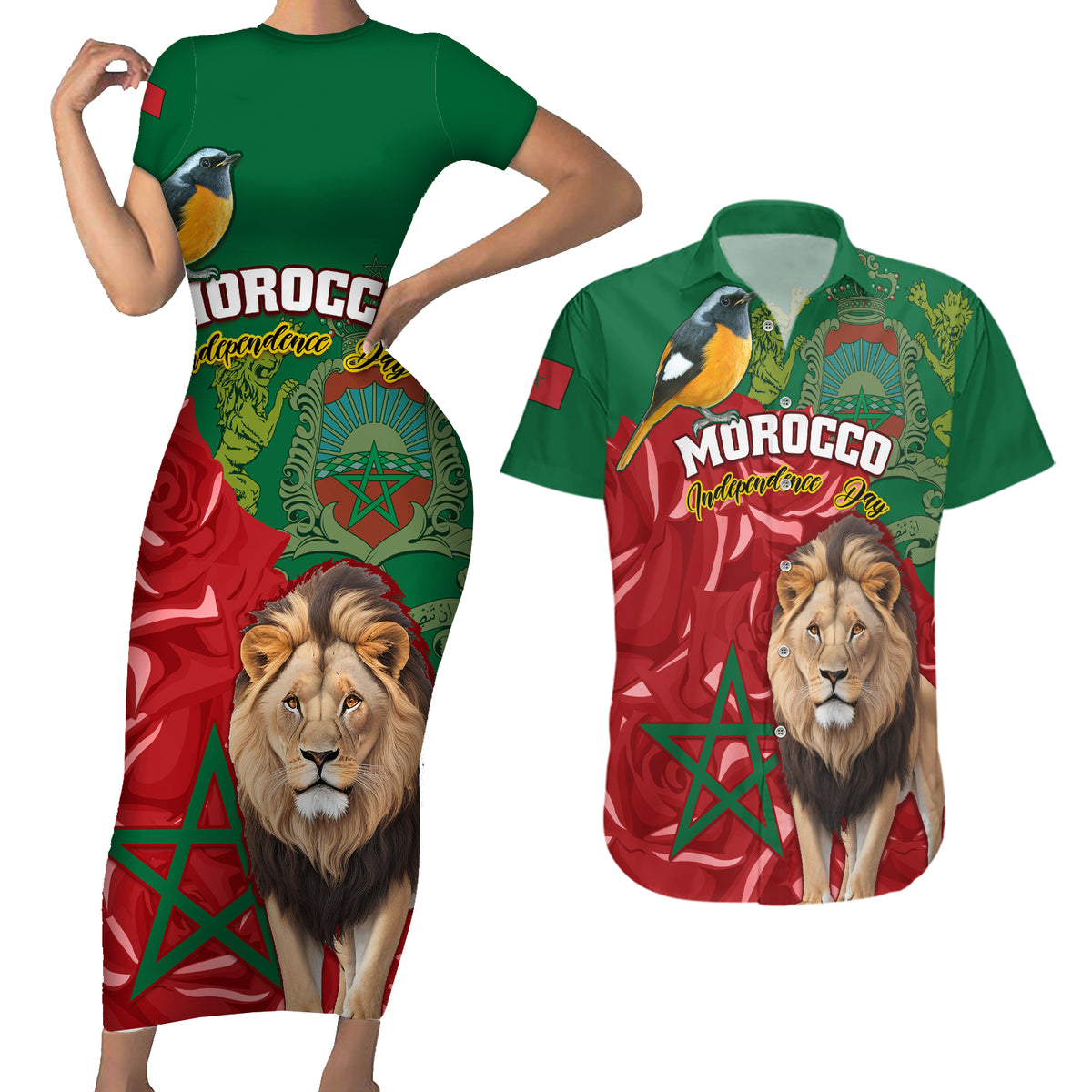 Morocco Independence Day Couples Matching Short Sleeve Bodycon Dress and Hawaiian Shirt Barbary Lion With Moussier Redstart - Wonder Print Shop