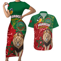 Morocco Independence Day Couples Matching Short Sleeve Bodycon Dress and Hawaiian Shirt Barbary Lion With Moussier Redstart - Wonder Print Shop