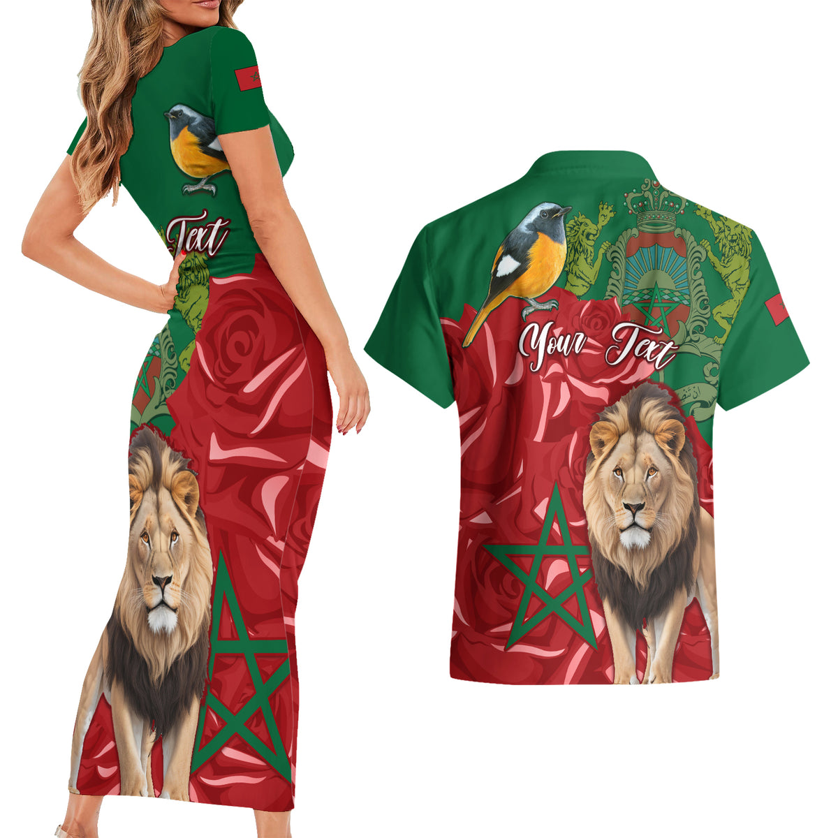 Morocco Independence Day Couples Matching Short Sleeve Bodycon Dress and Hawaiian Shirt Barbary Lion With Moussier Redstart - Wonder Print Shop