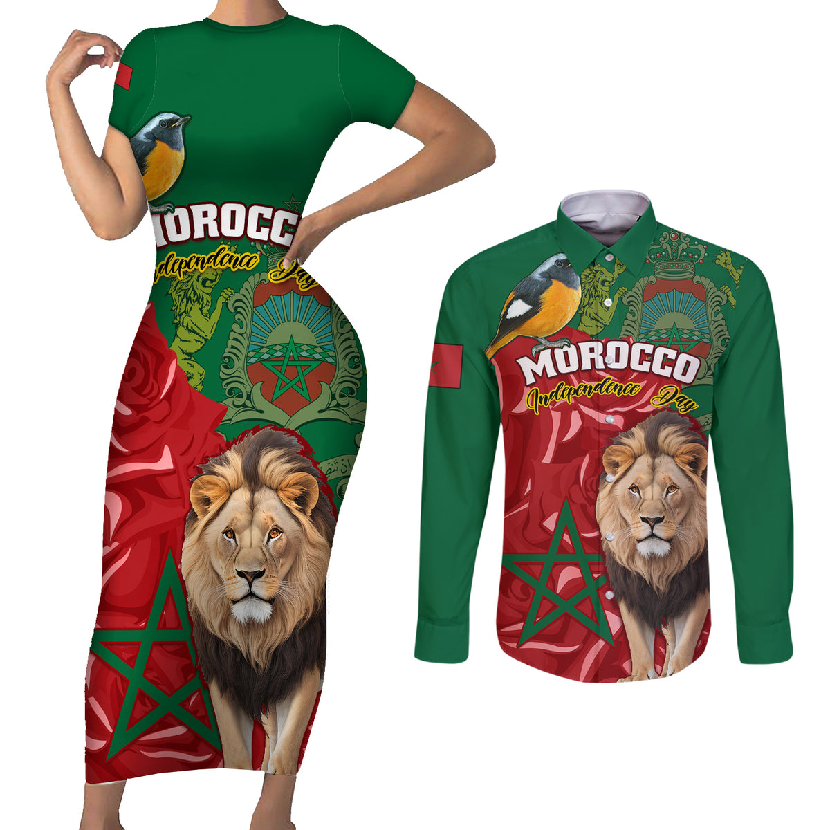 Morocco Independence Day Couples Matching Short Sleeve Bodycon Dress and Long Sleeve Button Shirts Barbary Lion With Moussier Redstart - Wonder Print Shop