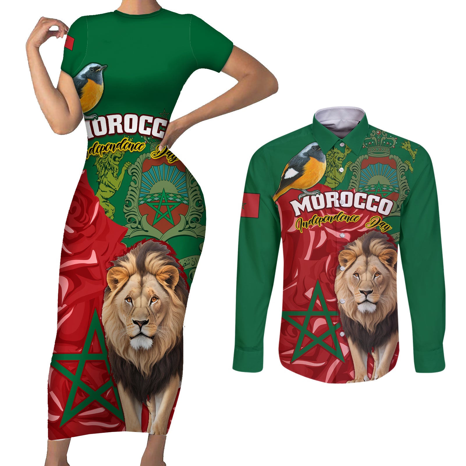 Morocco Independence Day Couples Matching Short Sleeve Bodycon Dress and Long Sleeve Button Shirts Barbary Lion With Moussier Redstart - Wonder Print Shop