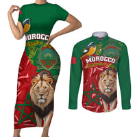 Morocco Independence Day Couples Matching Short Sleeve Bodycon Dress and Long Sleeve Button Shirts Barbary Lion With Moussier Redstart - Wonder Print Shop