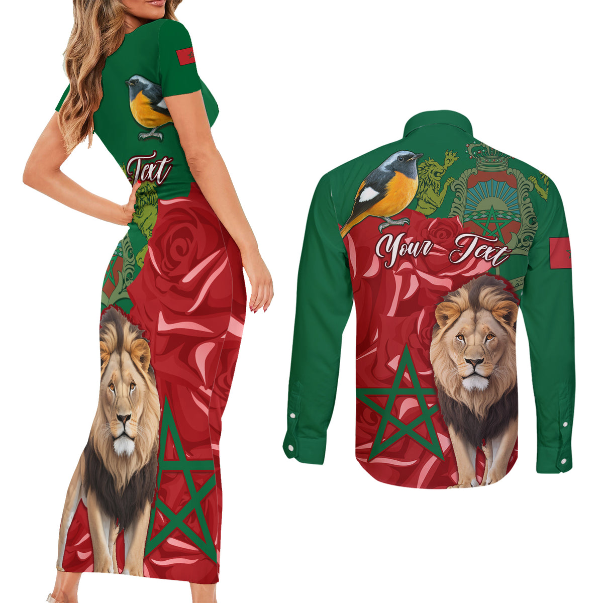 Morocco Independence Day Couples Matching Short Sleeve Bodycon Dress and Long Sleeve Button Shirts Barbary Lion With Moussier Redstart - Wonder Print Shop