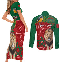 Morocco Independence Day Couples Matching Short Sleeve Bodycon Dress and Long Sleeve Button Shirts Barbary Lion With Moussier Redstart - Wonder Print Shop