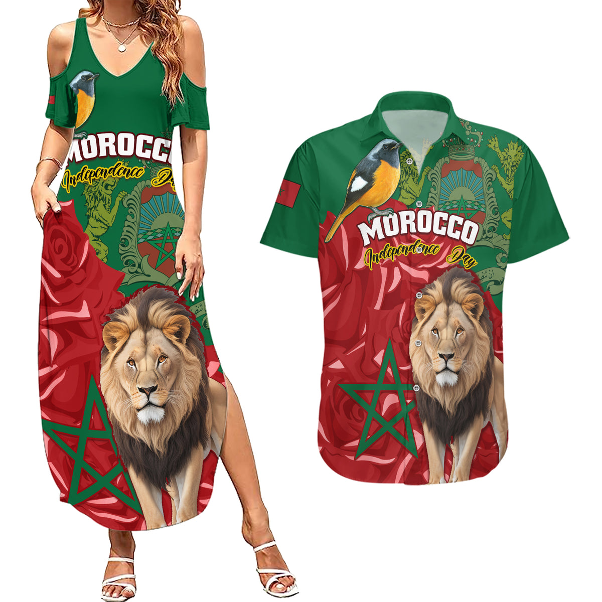 Morocco Independence Day Couples Matching Summer Maxi Dress and Hawaiian Shirt Barbary Lion With Moussier Redstart - Wonder Print Shop